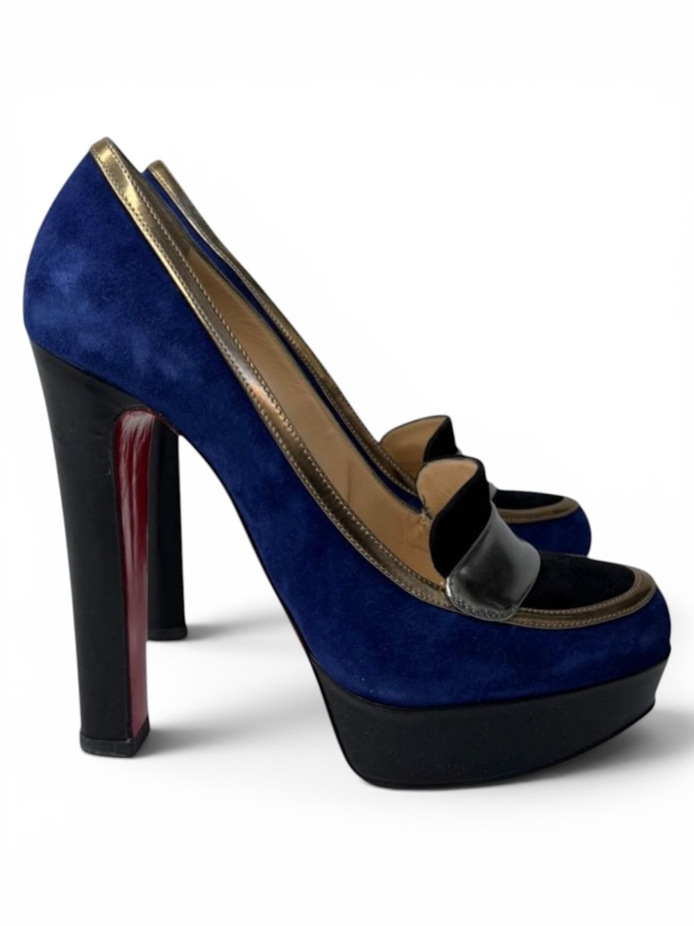 Christian Louboutin Trotitella 140 Blue Suede Metallic Platform Pumps Red Sole - Picture 6 of 10